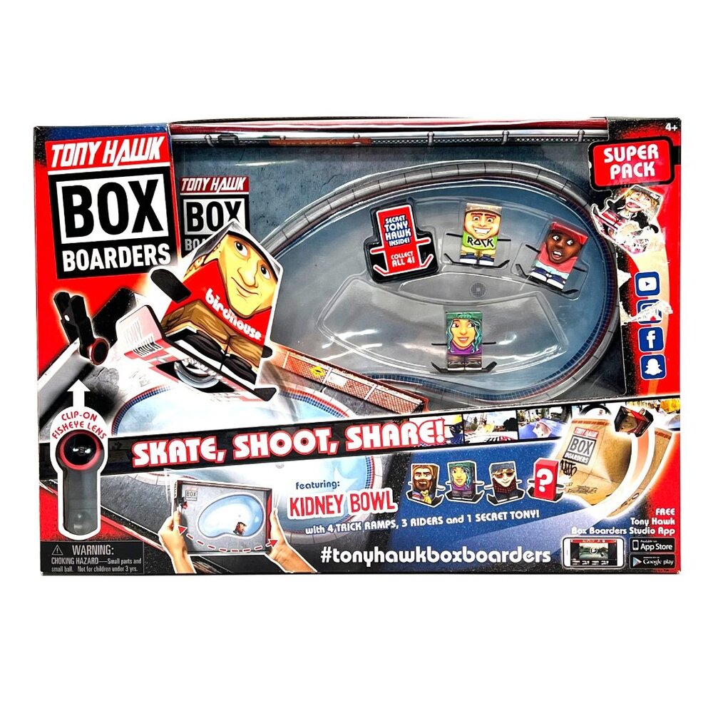 Tony Hawk Box Boarders Super Pack Kidney Bowl 4 Mini Figures Clip-On Lens New